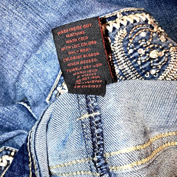 EARL JEAN  Blue Rhinestone Cotton Stretch Denim Jeans Capri Cropped Embroidered - Picture 8 of 8